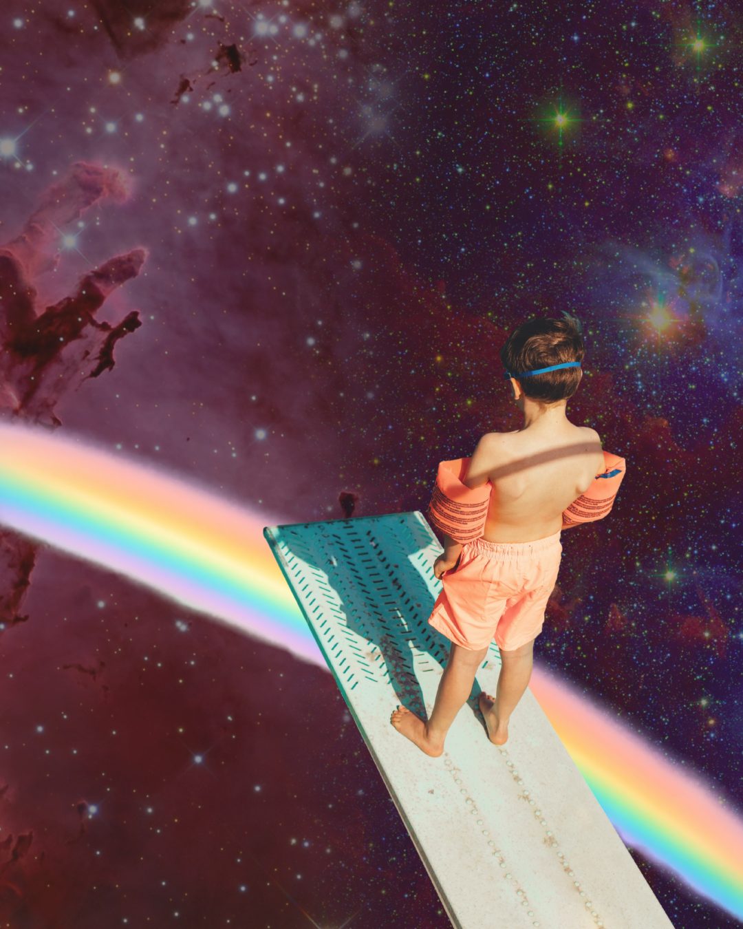 Retro-surreal collage: a figure on a diving board leaping into a nebula rainbow