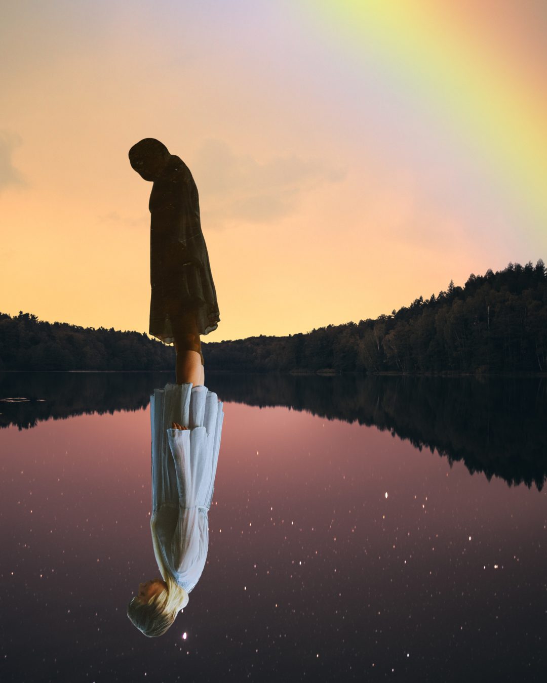 Retro-surreal collage: an upside-down figure reflected over a sunset lake