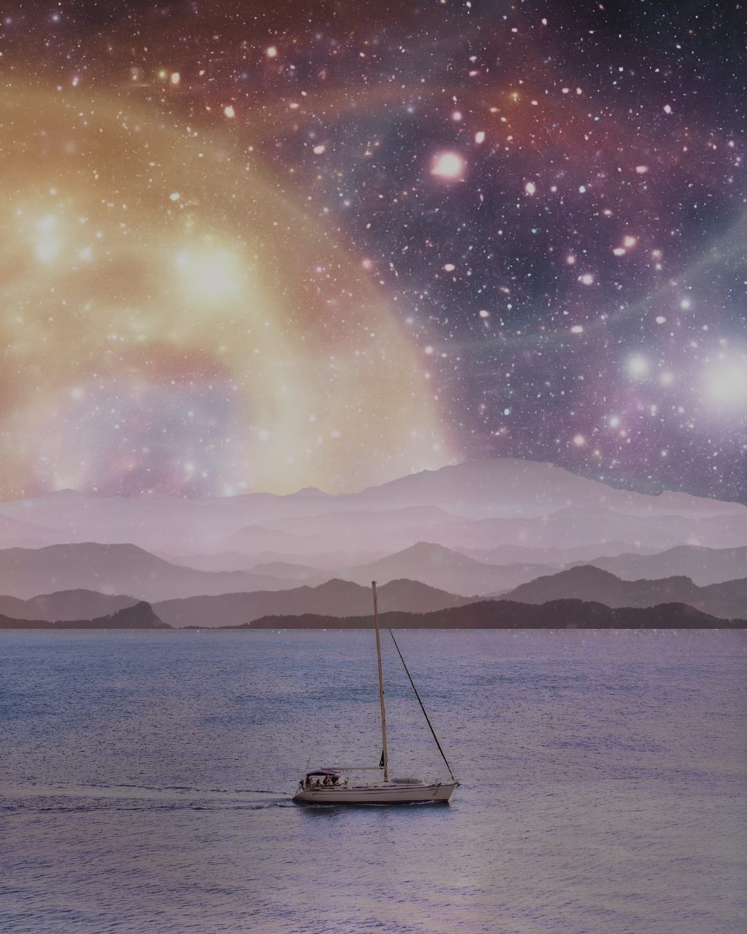 Retro-surreal collage: a sailboat drifting beneath a nebula sky